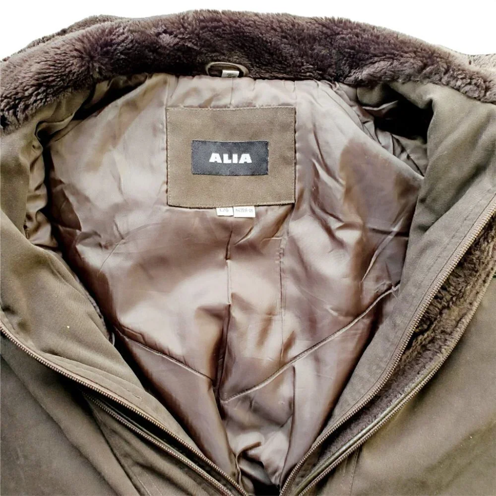 ALIA Khaki Green Hooded Fur Double Zipper Winter Jacket Size L - Picture 6 of 8